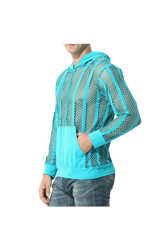 Mens Sexy Stripe Fishnet Hoodies Pullover See Through Mesh Hollow Out Blouse Solid Color Breathable Top