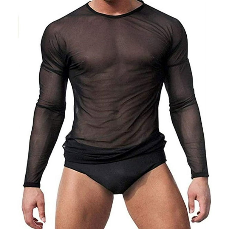 Mens Sexy transparent shirt Underwear Undershirt Gay clothing Nylon Mesh  Shirt See Through Sheer Long Sleeves T Shirts 