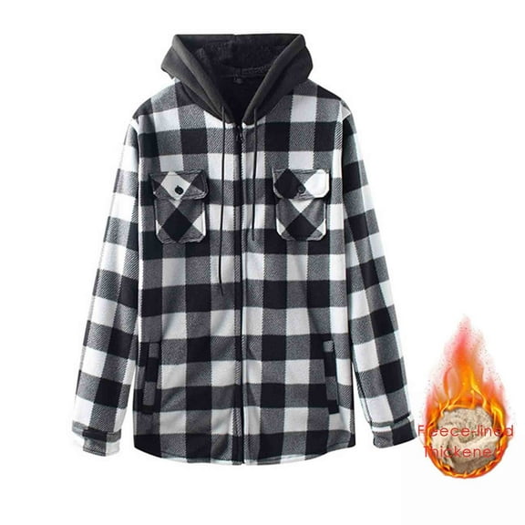 Mens Shacket Hoodie Plaid Fleece Lined Zipper Long Sleeve Shirt for Men with Pockets for Daily Winter Warm Casual Fleece Jacket