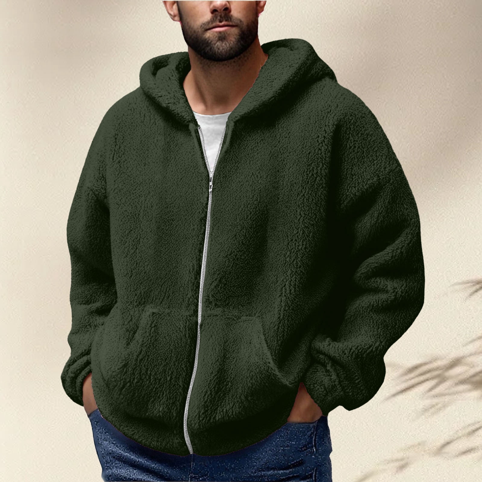 Mens Shaggy Hoodies Full Zip Sherpa Fleece Jacket with Pockets