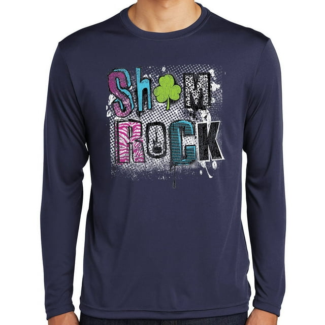 Mens Sham Rock Irish Shamrock St Patrick's Day Moisture-Wicking Long Sleeve T-shirt, Extra-Small True Navy Blue