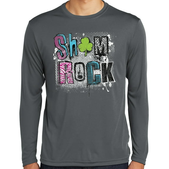 Mens Sham Rock Irish Shamrock St Patrick's Day Moisture-Wicking Long Sleeve T-shirt, Medium Iron Gray