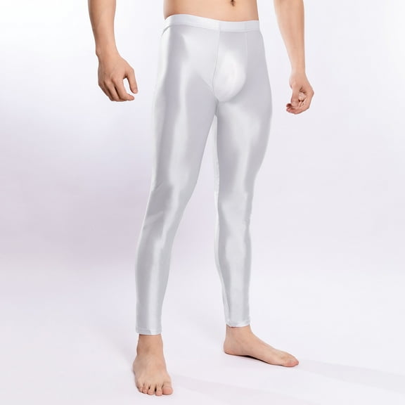 Mens Shapewear Pants Trendy Glossy Shiny Mid Waisted Tights Trousers Boys Basic Slim-Fit Stretchy Solid Athletic Fitness Bodybuilding Pant
