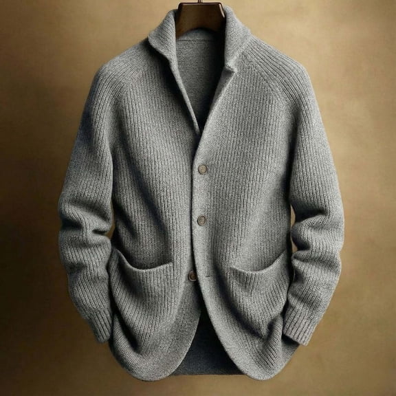 Mens Shawl Collar Cardigan Sweater Button Down Ribbed Knitted Sweaters (Grey XL)