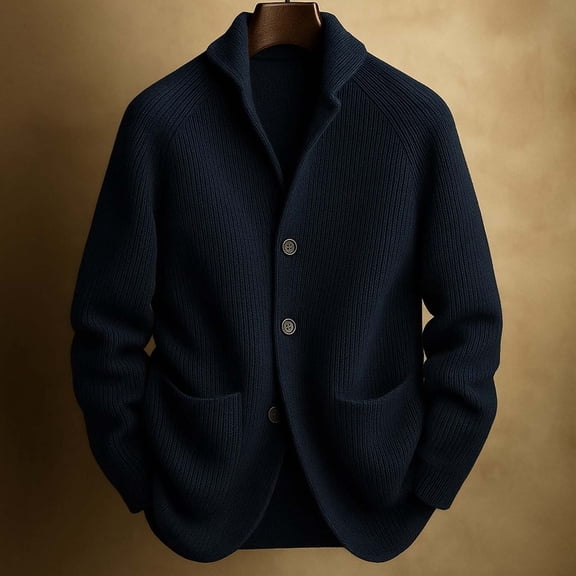 Mens Shawl Collar Cardigan Sweater Button Down Ribbed Knitted Sweaters (Navy L)