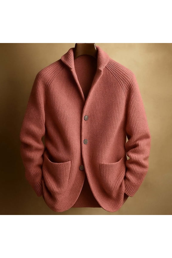 Mens Shawl Collar Cardigan Sweater Button Down Ribbed Knitted Sweaters (Red L)