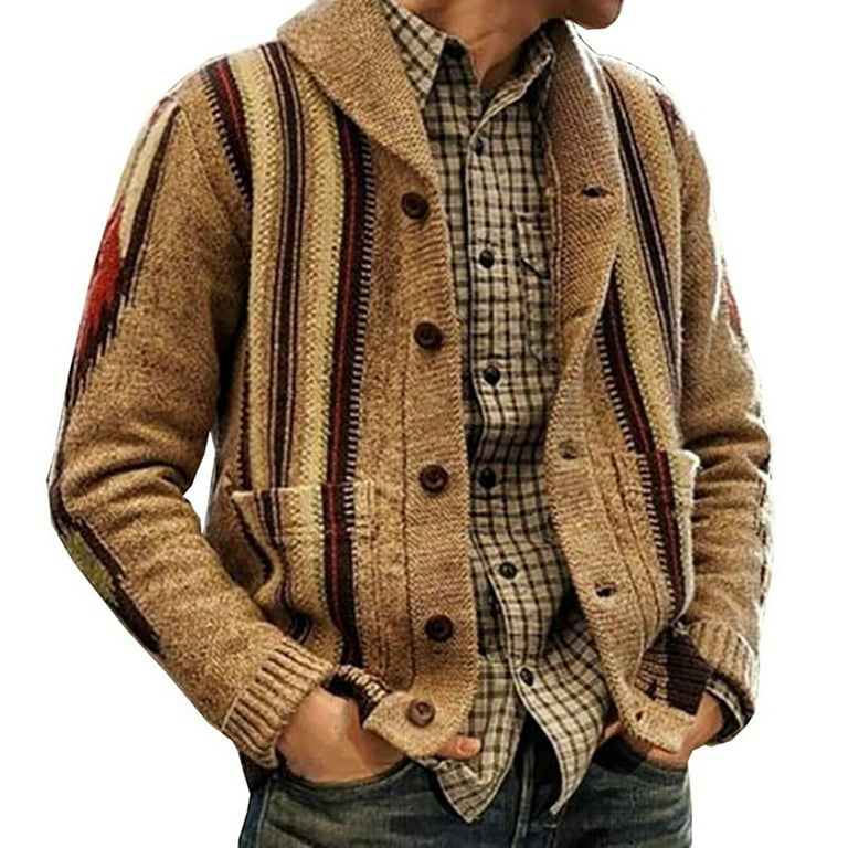 Mens Shawl Collar Cardigan Sweater Cable Knit Chunky Long Sleeve