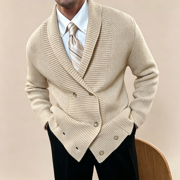 Mens Shawl Collar Cardigan Sweaters Knit Textured Sweater Button Down Cardigans Button Closure, Soft Thick, Fall Winter Stylish Outerwear(Beige,XXL)