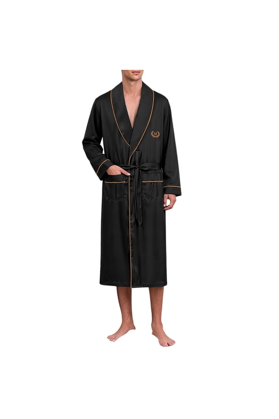 Mens Shawl Collar Satin Robe Long Sleeve Silk Kimono Bathrobe for Men Lightweight Soft Mens Silky Satin Robe with Pockets,Black