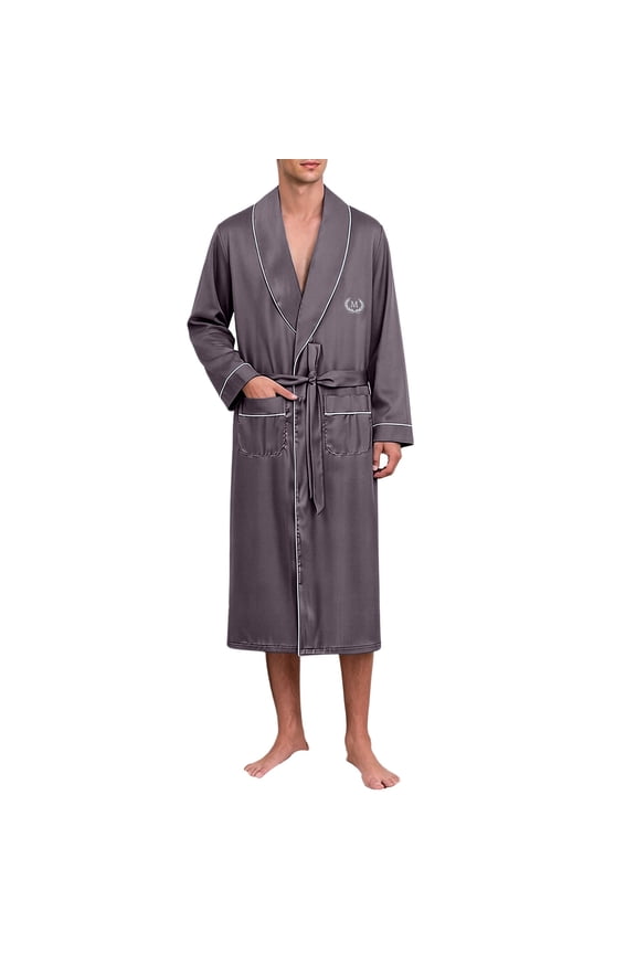 Mens Shawl Collar Satin Robe Long Sleeve Silk Kimono Bathrobe for Men Lightweight Soft Mens Silky Satin Robe with Pockets,Brown