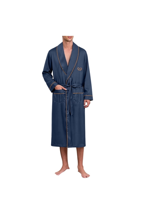 Mens Shawl Collar Satin Robe Long Sleeve Silk Kimono Bathrobe for Men Lightweight Soft Mens Silky Satin Robe with Pockets,Dark Blue
