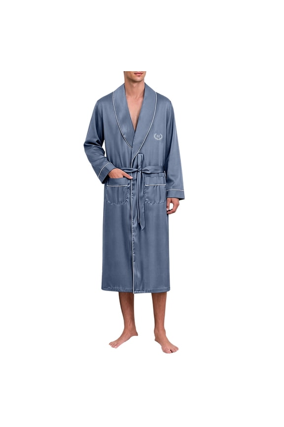 Mens Shawl Collar Satin Robe Long Sleeve Silk Kimono Bathrobe for Men Lightweight Soft Mens Silky Satin Robe with Pockets,Navy