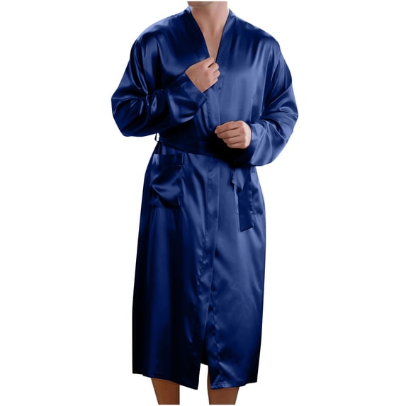 Mens Shawl Collar Satin Robe Sleepwear Silk Solid Color Long Bathrobe Pockets Lightweight Loungewear Men Casual Long Sleeves Home Robe