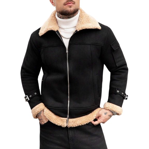 Mens Shearling Collar Faux Suede Moto Biker Jacket Sherpa Fleece Lined Coat Warm Thermal Outerwear with Pockets for Streetwear Travel Daily Wear, Black, S