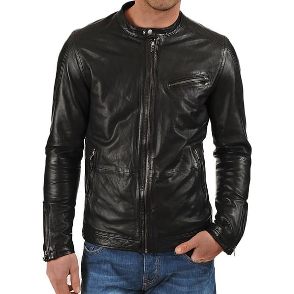 Mens Sheepskin Real Leather Jacket Zipper Biker Moto Slim Fit Jacket A240