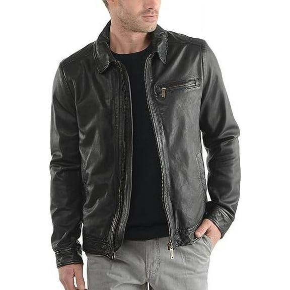 Mens Sheepskin Real Leather Jacket Zipper Biker Moto Slim Fit Jacket MJF010