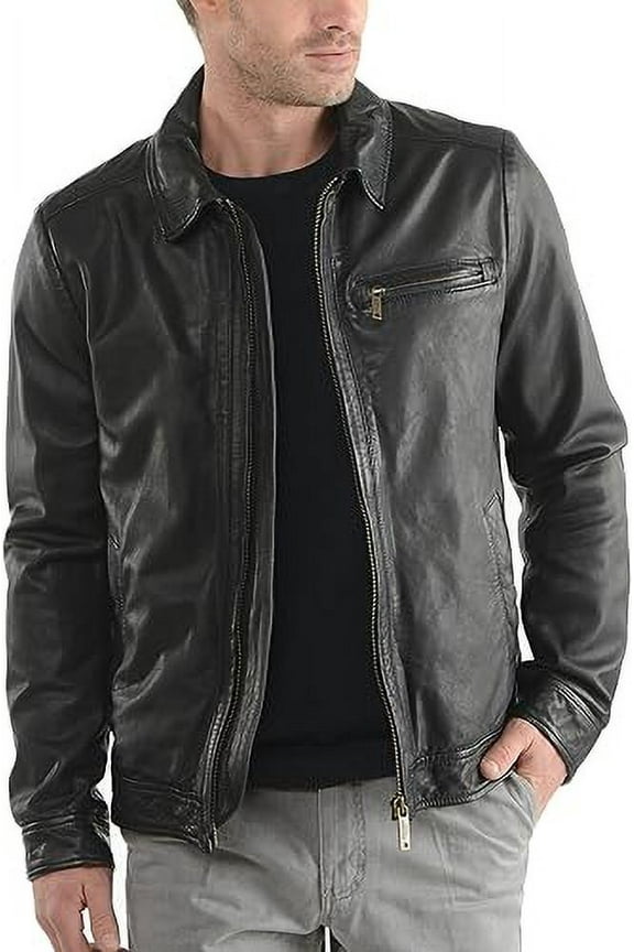Mens Sheepskin Real Leather Jacket Zipper Biker Moto Slim Fit Jacket MJF010