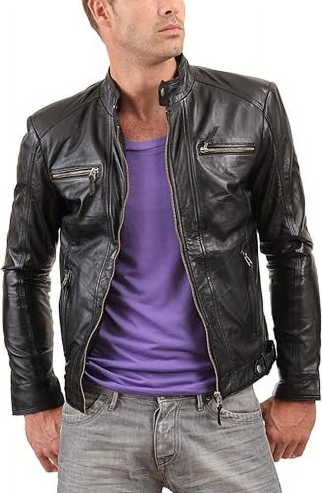 Mens Sheepskin Real Leather Jacket Zipper Biker Moto Slim Fit