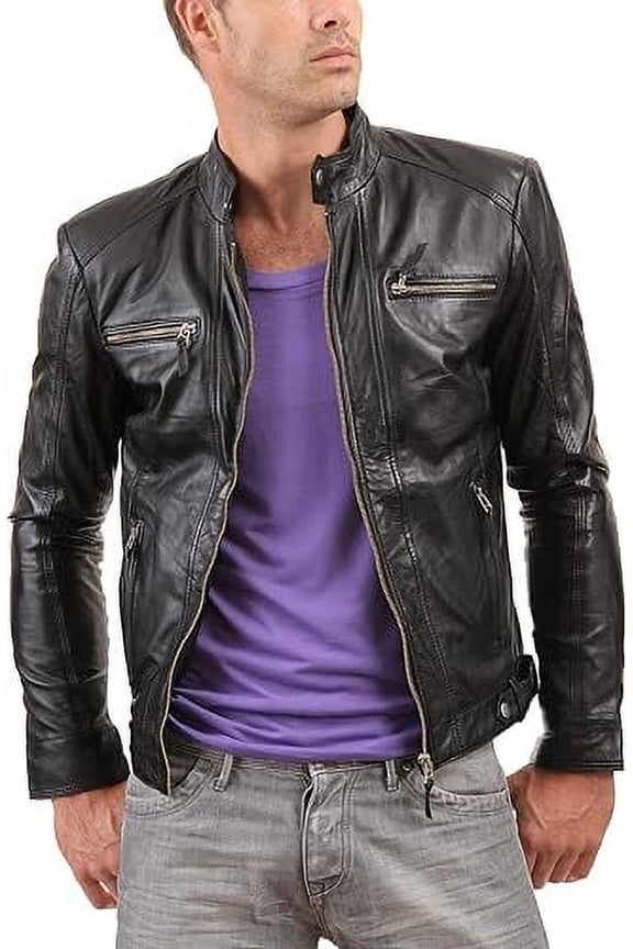 Mens Sheepskin Real Leather Jacket Zipper Biker Moto Slim Fit Jacket MJF013