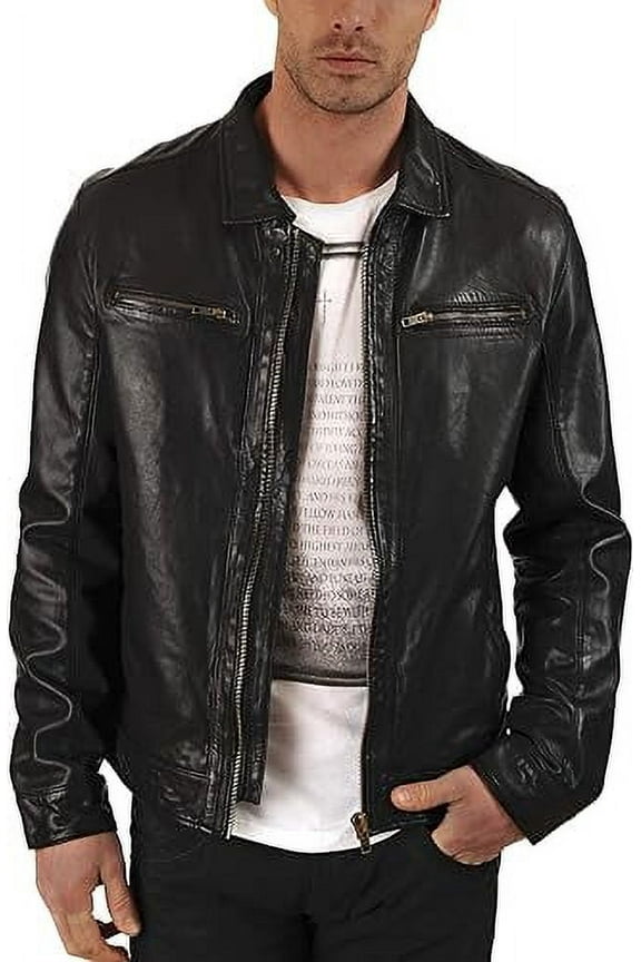 Mens Sheepskin Real Leather Jacket Zipper Biker Moto Slim Fit Jacket MJF015