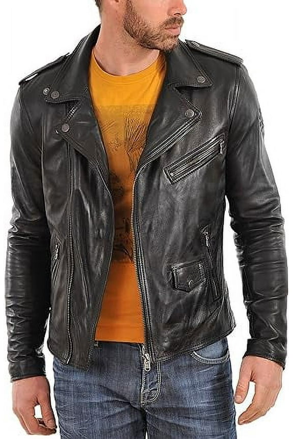Mens Sheepskin Real Leather Jacket Zipper Biker Moto Slim Fit Jacket MJF029