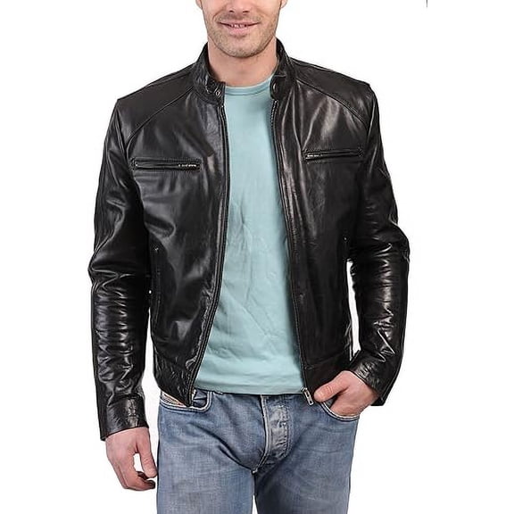 Mens Sheepskin Real Leather Jacket Zipper Biker Moto Slim Fit Jacket MJF034