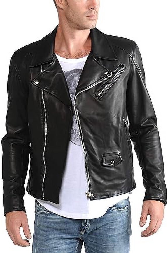 Mens Sheepskin Real Leather Jacket Zipper Biker Moto Slim Fit Jacket MJF042