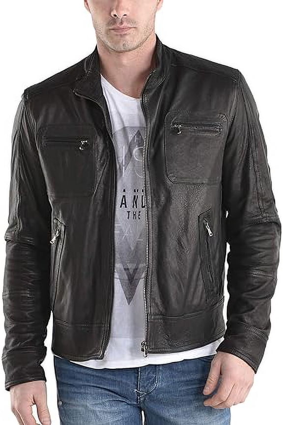 Mens Sheepskin Real Leather Jacket Zipper Biker Moto Slim Fit Jacket MJF043