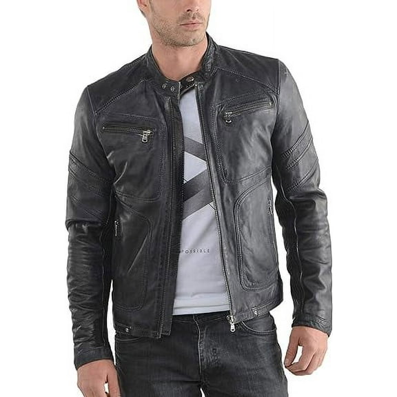 Mens Sheepskin Real Leather Jacket Zipper Biker Moto Slim Fit Jacket MJF060