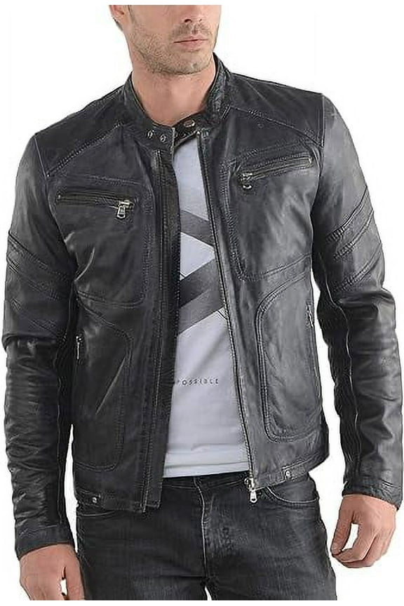 Mens Sheepskin Real Leather Jacket Zipper Biker Moto Slim Fit Jacket MJF060