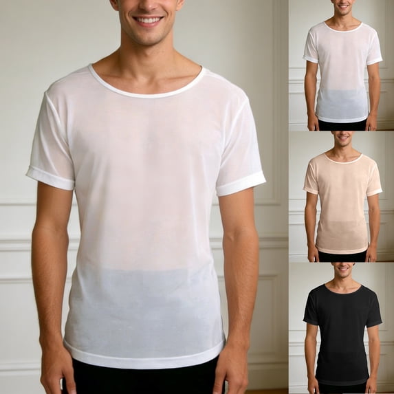 Mens Sheer Mesh Short Sleeve T Shirts See Through Summer Lightweight Tees Beige XXL