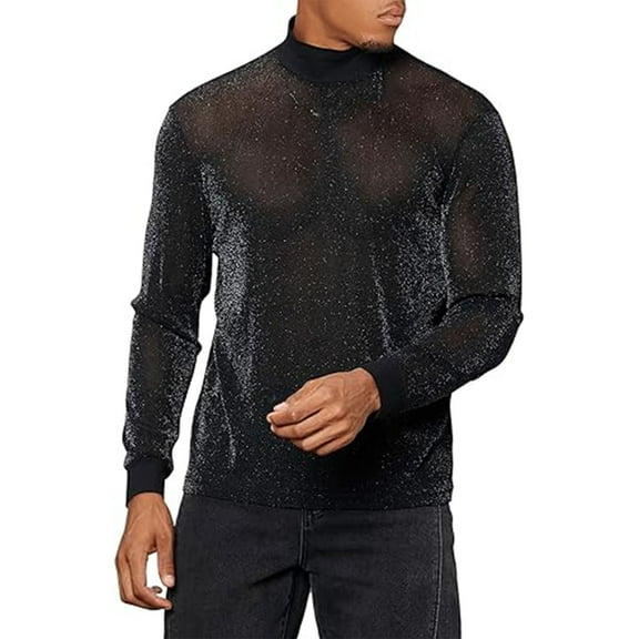 Mens Sheer Mesh Tshirts - Sexy Glitter Long Sleeve Shirts - Men Shiny Metallic Shinning Pullover Tops Clubwear Costume Round Neck Blouses