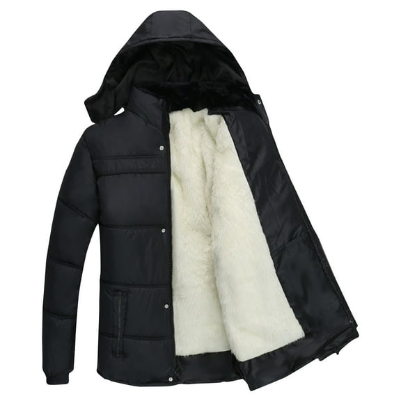 Mens Sherpa Fleece Lined Hooded Puffer Jacket Casual Winter Warm Padded Coat Fashion Solid Color Thicken Zip Up Parka Coat with Pockets