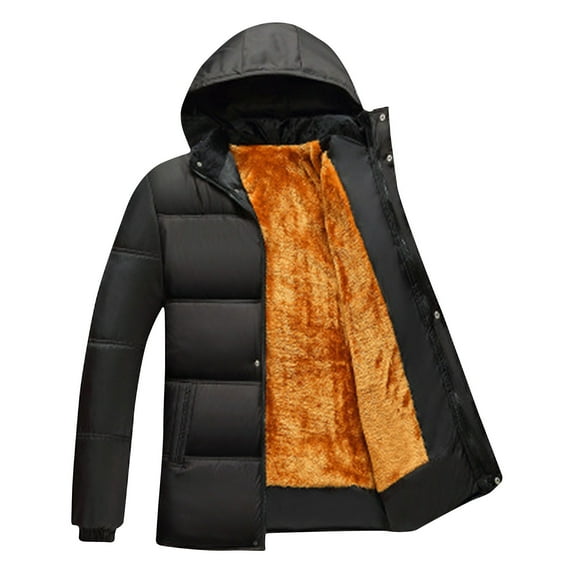 Mens Sherpa Fleece Lined Hooded Puffer Jacket Casual Winter Warm Padded Coat Fashion Solid Color Thicken Zip Up Parka Coat with Pockets