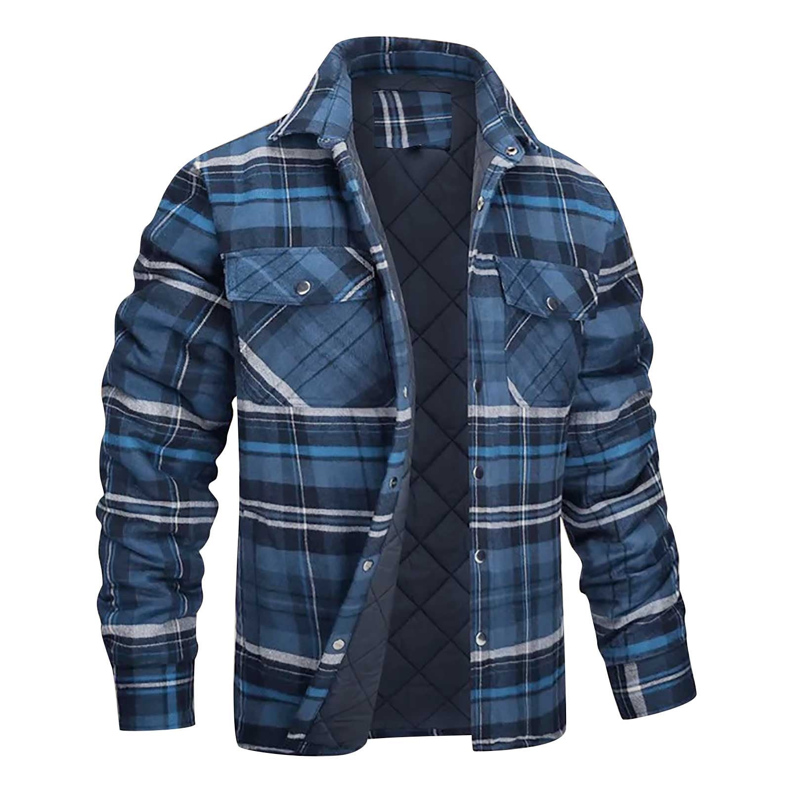 Mens Sherpa Fleece Lined Plaid Flannel Shirts Jackets Casual Thermal ...