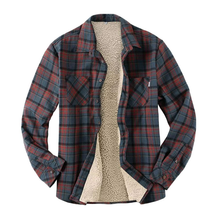 Mens Sherpa Fleece Lined Plaid Flannel Shirts Jackets Casual Thermal Button  Up Jackets Winter Warm Work Coat Outwear 