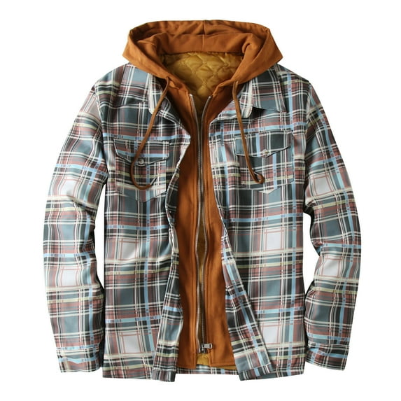 Mens Sherpa Fleece Lined Plaid Shirts Jackets Hoodie Coat Casual Thermal Zip Up Flannel Jackets Winter Warm Work Coat Outwear