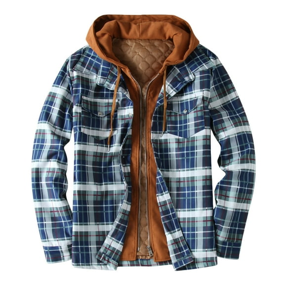 Mens Sherpa Fleece Lined Plaid Shirts Jackets Hoodie Coat Casual Thermal Zip Up Flannel Jackets Winter Warm Work Coat Outwear