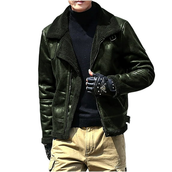 Mens Sherpa Fleece Lined Suede Leather Trucker Jackets Lamb Velvet Faux-Fur Motorcycle Jackets Shearling Coats