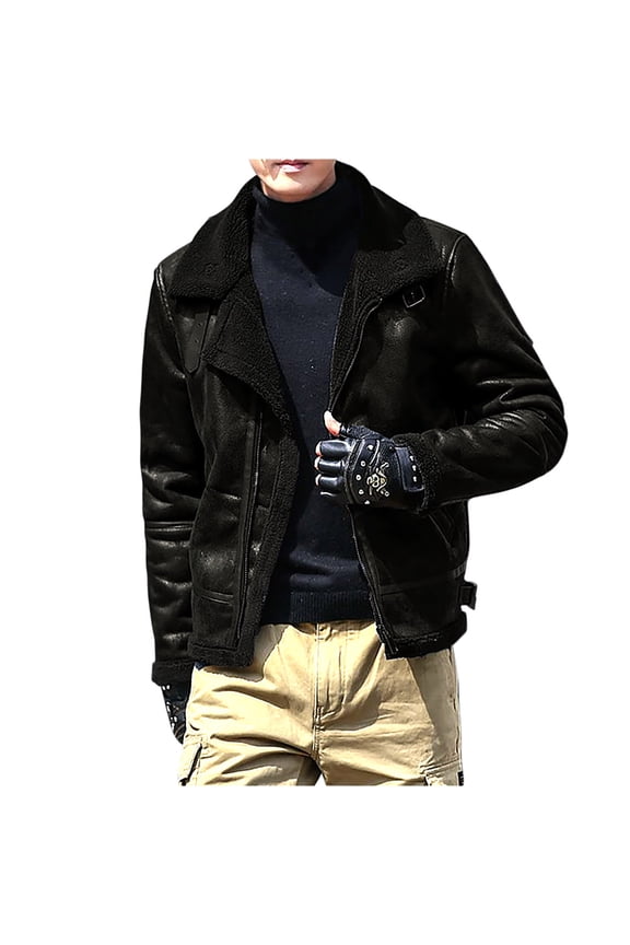 Mens Sherpa Fleece Lined Suede Leather Trucker Jackets Lamb Velvet Faux-Fur Motorcycle Jackets Shearling Coats