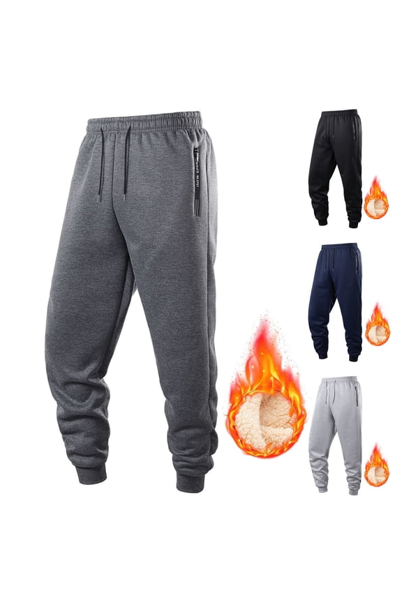 Mens Sherpa Lined Athletic Sweatpants Warm Winter Joggers, Casual Drawstring Pants with Zipper Pockets