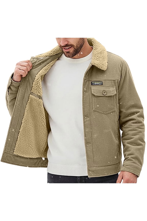 Mens Sherpa Lined Cargo Jacket Turn Down Collar Work Coat Button Down Winter Multi Pocket Trucker Jacket