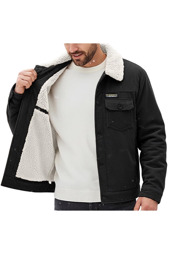 Mens Sherpa Lined Cargo Jacket Turn Down Collar Work Coat Button Down Winter Multi Pocket Trucker Jacket