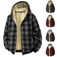 thumbnail image 1 of BiZtdJrK Mens Sherpa Lined Plaid Jacket Casual Button Down Drawstring Hoodies Winter Warm Fleece Shacket Outwears with Pocket, Red, XL, 1 of 3