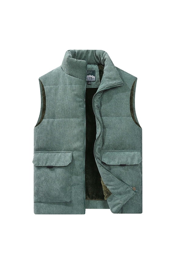 Mens Sherpa Lined Puffer Vest Corduroy Winter Vests Sleeveless Quilted Vest Green M