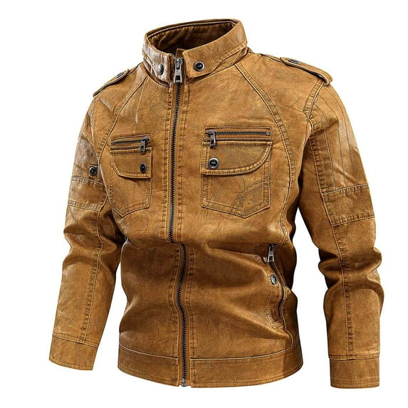 Mens Sherpa Lined Vintage Casual Long Sleeve Standing Collar Motorcycle Faux Leather Jacket