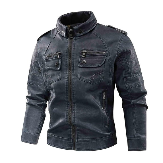 Mens Sherpa Lined Vintage Casual Long Sleeve Standing Collar Motorcycle Faux Leather Jacket