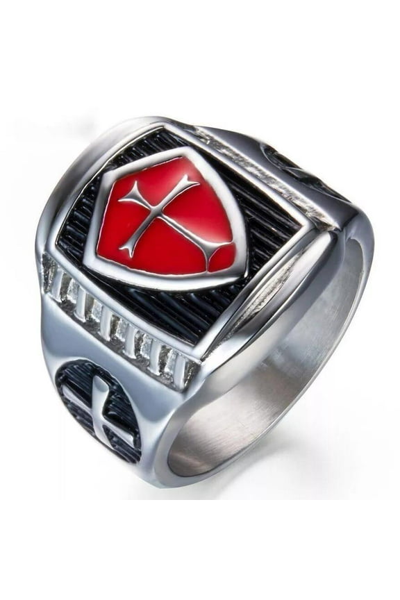 Mens Shield Cross Knights Templar Ring Silver Stainless Steel Enamel Red R23