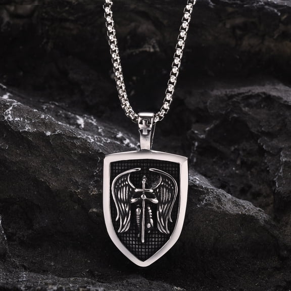 Mens Shield Snight Pendant Necklaces, Saint Michael Necklace,14K White Gold St Michael the Archangel Pendant Amulet Collar