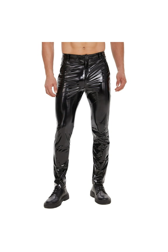 Mens Shiny Leather Pants, Sexy Zipper Open Crotch, Glossy PVC Leather Casual Trousers